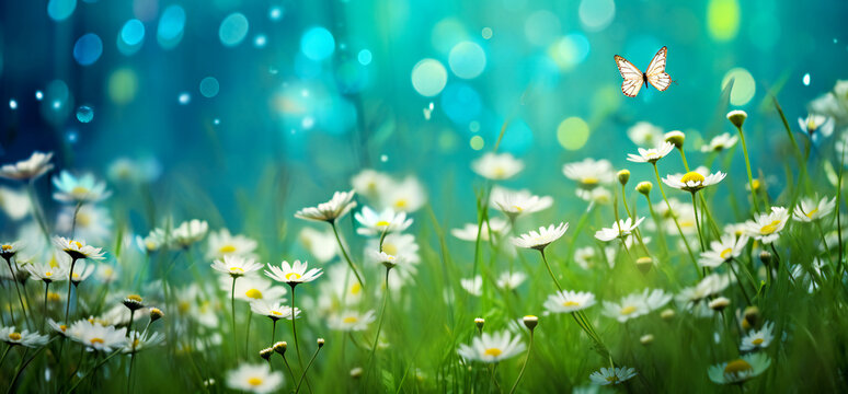 A meadow with flowers and green grass in spring. Fresh nature landscape.