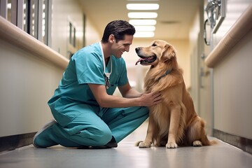 a young vet kneels down to the level of a shy Golden Retriever, offering a reassuring pat