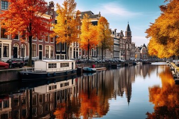 Amsterdam with its gabled houses mirrored in the calm canal, framed by trees showing their vibrant fall foliage - obrazy, fototapety, plakaty