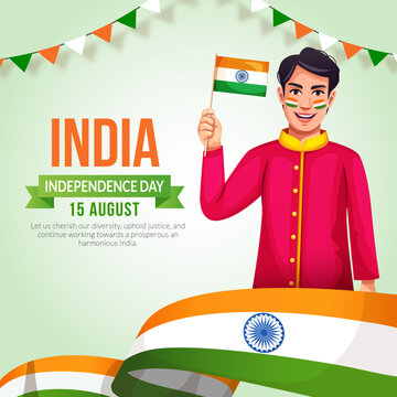 Happy Independence Day India 15th August. Illustration of a Boy waving the National Flag. Background, poster, card, and banner design.
