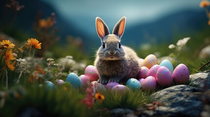 Fototapeta na wymiar Cute rabbit as easter bunny sitting with easter eggs and flowers as illustration, Adorable Bunny With Easter Eggs In Flowery Meadow