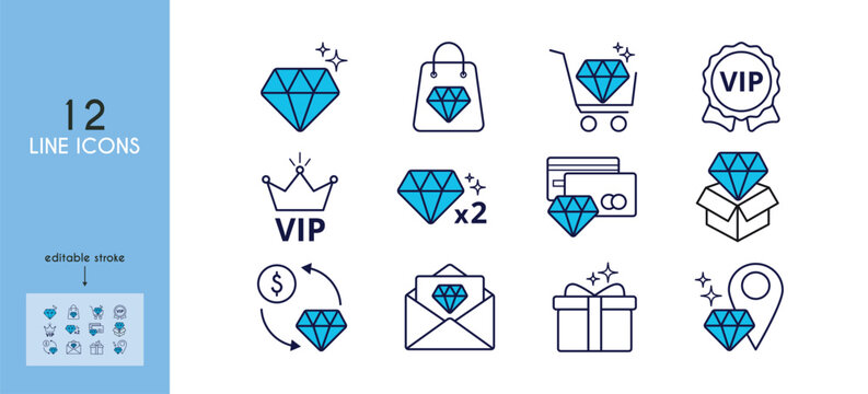 Set of 12 linear blue icons exclusive diamond benefits. Bonus program, loyalty, gem, gift, exclusive location, envelope, offer, credit card, multiplication, premium shopping, vip.Editable Stroke. 