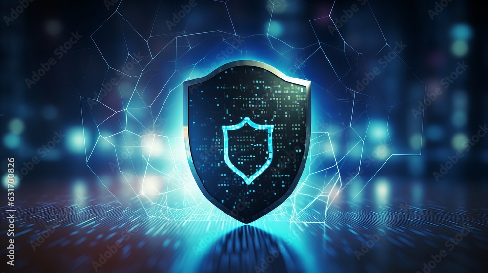 Poster cybersecurity technology privacy concept to protect data. there is a shield on the right hand side. 