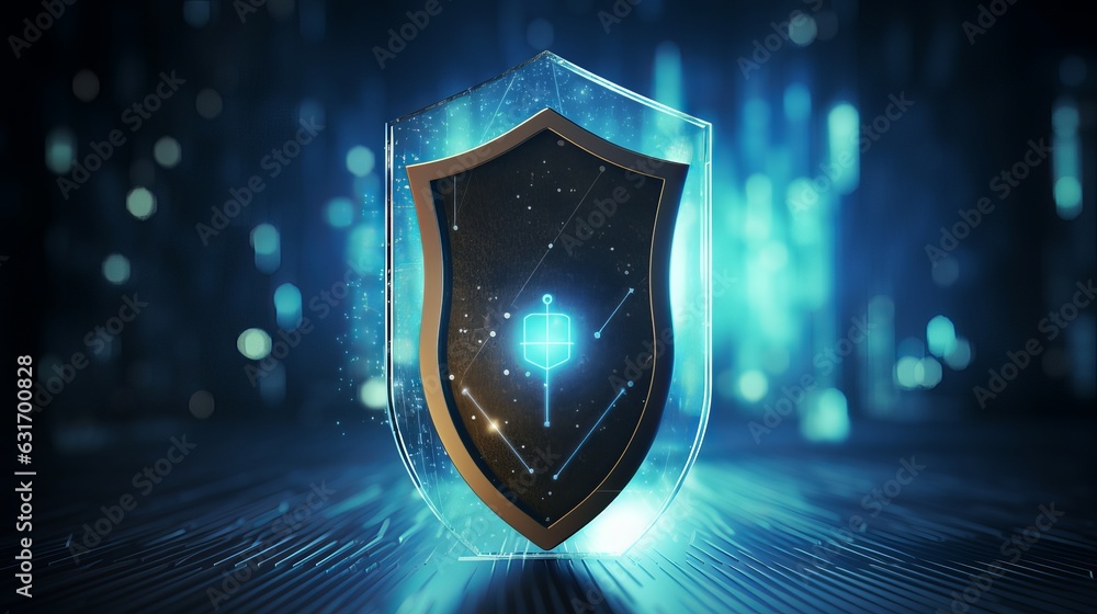 Poster cybersecurity technology privacy concept to protect data. there is a shield on the right hand side. 