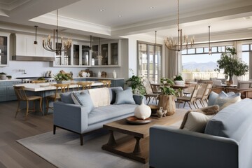open-concept living space with a cohesive color palette, blending the kitchen, dining, and living areas seamlessly - Generative AI