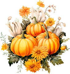Autumn watercolor illustration with pumpkins and flowers leaves isolated on white background. Watercolor hand-painted perfect for design decorative greeting cards, or posters in the autumn festival.