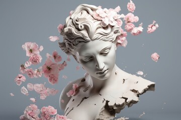 Ancient woman Statue, white broken stone. Head sculpture pink flowers bouquet. AI generated