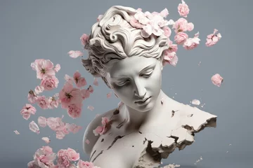 Foto op Canvas Ancient woman Statue, white broken stone. Head sculpture pink flowers bouquet. AI generated © yuliachupina