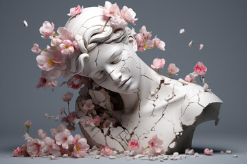 Ancient woman Statue, white broken stone. Head sculpture pink flowers bouquet. AI generated - obrazy, fototapety, plakaty