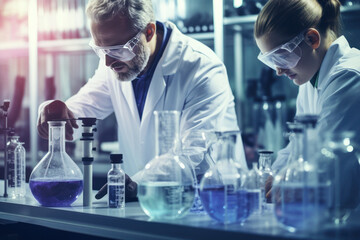 Fototapeta premium A close-up of chemical scientists working in a laboratory. AI generated