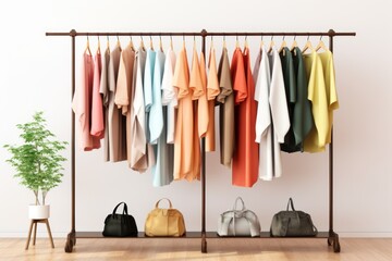 Fashion clothes on a rack in a light background indoors. AI generated