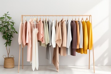 Fashion clothes on a rack in a light background indoors. AI generated