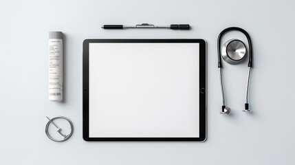 White tablet pc and doctor tools on gray surface generative ai