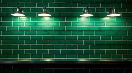 Green ceramic subway tile kitchen wall - obrazy, fototapety, plakaty
