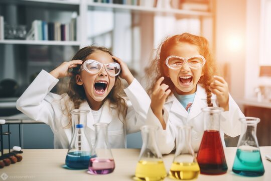 Excited school girls during chemistry experiment. AI generated