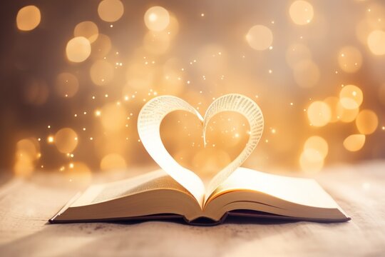 Paper book in the shape of a heart on a bokeh background. AI generated
