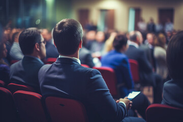 Speaker giving a talk in conference hall at business event, Rear view of unrecognizable people in audience at the conference hall, Business and entrepreneurship concept, blur image, aesthetic look