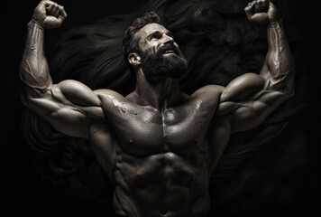 Middle-Aged Bearded Body Builder Flexes Muscles in Black and White Photo