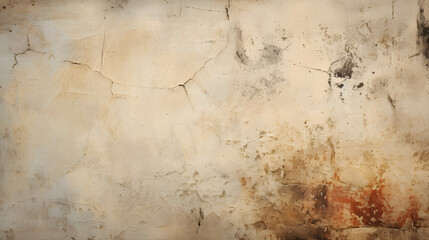Weathered plaster wall with cracks and paint splatters as a grungy textured background 