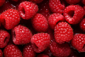 Conjunto de Frambuesas rojas con gotas de agua fresca sobre fondo negro, fruta roja acida.