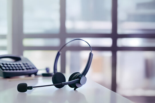 Close Up Of A Headset For The Call Center Hotline On The Computer Created With Generative AI Technology