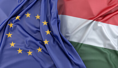 Ruffled Flags of European Union and Hungary. 3D Rendering