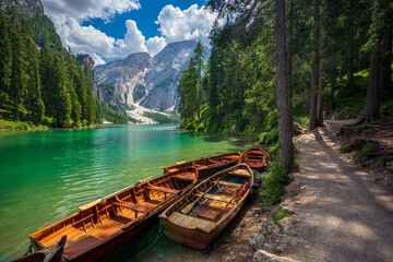 Wooden boat at lake Braies, Southern Tyrol, Dolomites, Italy - obrazy, fototapety, plakaty