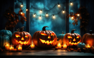 Three Jack-o'-Lanterns on a Spooky Halloween Table