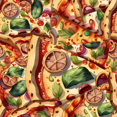 Cotton fabric a watercolor seamless pattern with pizza slices and other ingredients
