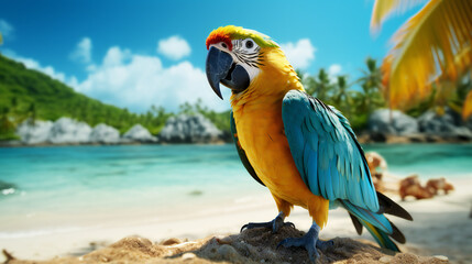 Exotic Feathers: Colorful Blue-and-Yellow Macaw by the Beach
