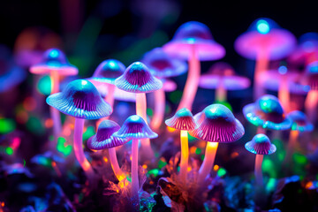 purple mushrooms with glowing pink and orange lights in a dark background. - obrazy, fototapety, plakaty