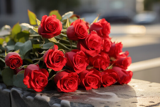 A beautiful bouquet of red roses on a stone surface