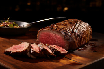 Steak rotisserie at the steakhouse, sliced picanha, Picanha, aesthetic look