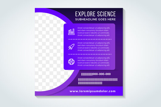 Explore sciece headline for social media post template. square layout design with half circle space for photo. combination blue and purple color of elements and backgrounds.