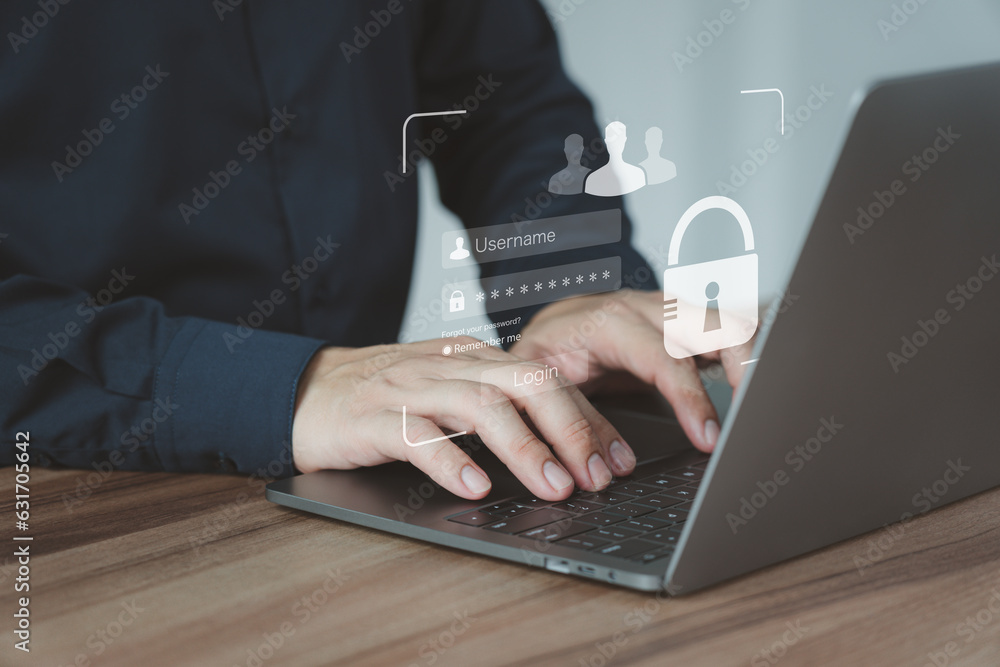 Poster User man protects personal data on a computer laptop and the virtual screen interfaces. Login icon and internet network security technology. Cybersecurity and privacy concepts to protect data.
