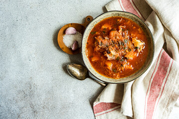 Ukrainian red beetroot soup in the bowl