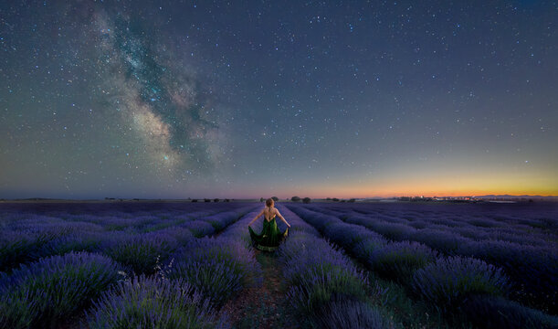 woman at dusk in a lavender field witch sky with milky way