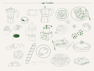Сollection of coffee and bakery illustration in sketch style. Editable vector illustration.