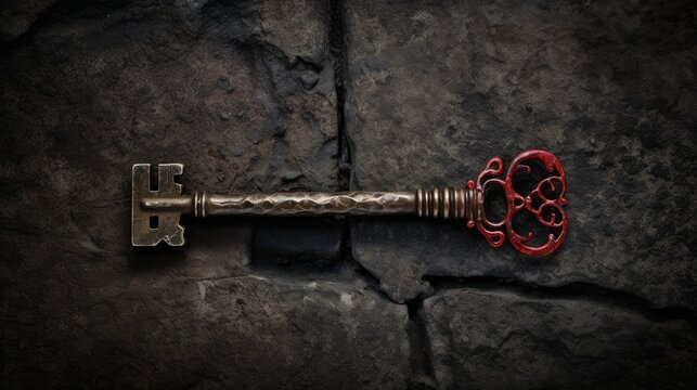 Atmospheric High Definition Photography: Slender Rustic Antique Bronze Key with Red Paint on Stone Surface