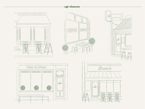 Сollection of cafe windows in sketch style. Editable vector illustration.