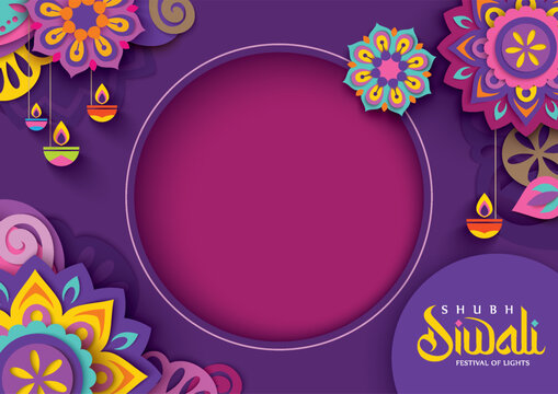Happy Diwali celebration background. banner design decorated with illuminated oil lamps on patterned background. vector illustration design