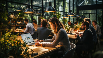 A diverse group working in a tech startup, engaged in coding and brainstorming in a modern office