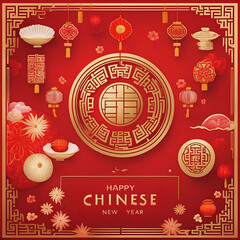 Happy Chinese New Year, Chinese delicacies,  coin, lantern, flower, blossom, flowers, Chinese festival, holiday, greeting card