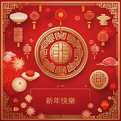 Happy Chinese New Year, Chinese delicacies,  coin, lantern, flower, blossom, flowers, Chinese festival, holiday, greeting card
