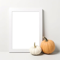 Mockup of blank frame with pumpkin on light background