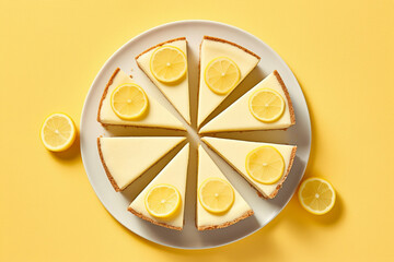 Top view of lemon cake slices on yellow background
