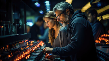 Individuals in a data center, engaged in data analysis and technical discussions