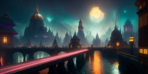  a city at night with a clock on the wall and a full moon in the sky - obrazy, fototapety, plakaty