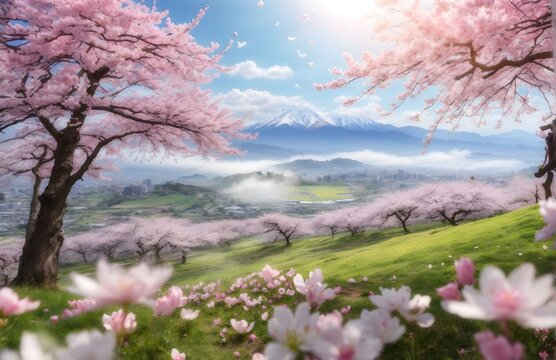 the beautiful spring scenery from the top of the mountain, the falling cherry blossoms add to the beautiful impression of peace and quiet