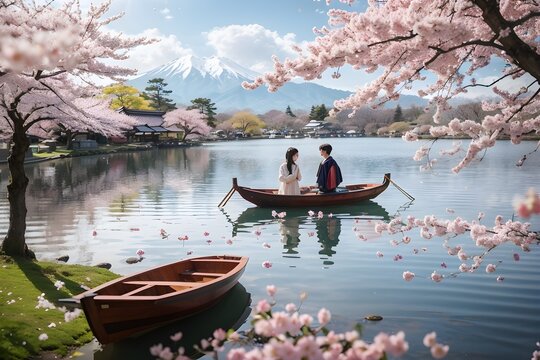  Gorgeous panoramic spring scenery with falling cherry blossoms beside a lake, there is a wooden boat on which two lovers have their backs to the camera